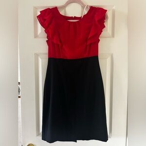 Women dress work pencil skirt ruffle top red black . euc size4